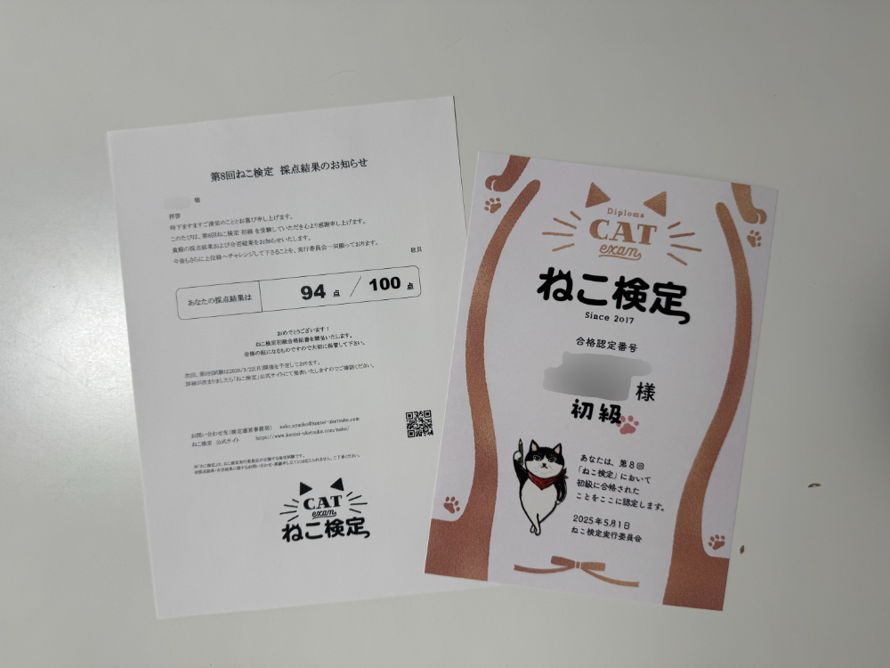 ねこ検定 初級の合格証と得点