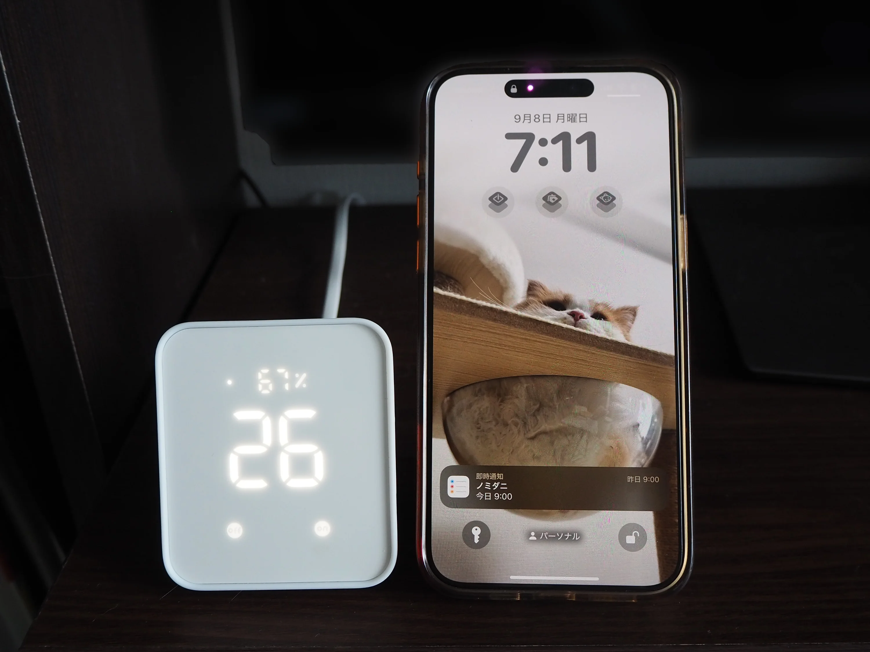 SwitchBot Hub2とiPhoneのサイズ比較写真